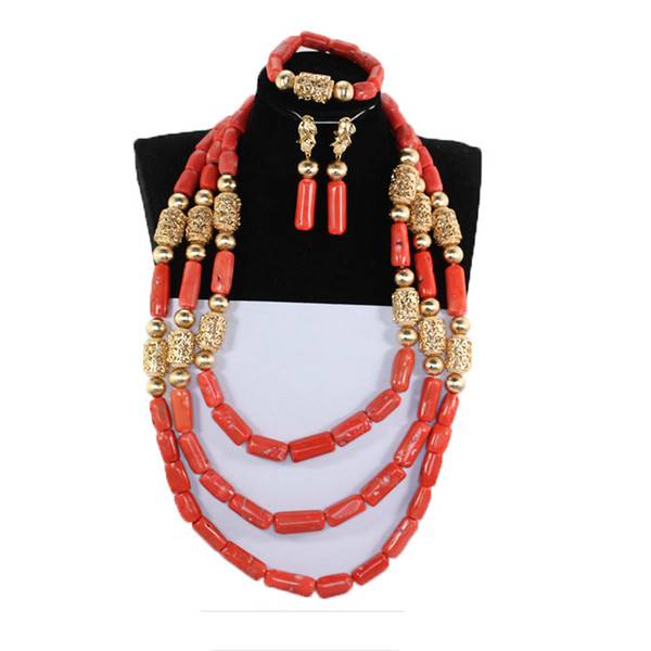 Luxury Nigerian Wedding Necklace Set Real Slender Coral Bead Jewelry Set for Women Bride African Golden Beads Jewelr NCL715