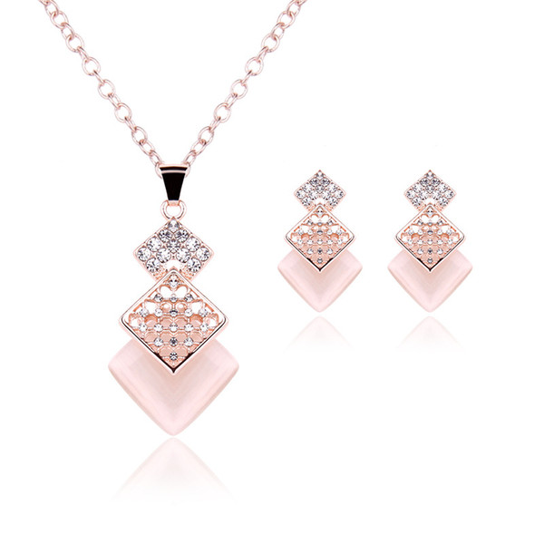 Multilayer Rose Gold Color Simple Design Pink CZ Square Pendant Necklaces Stud Earrings Jewelry Sets Women Wedding Party Bijoux