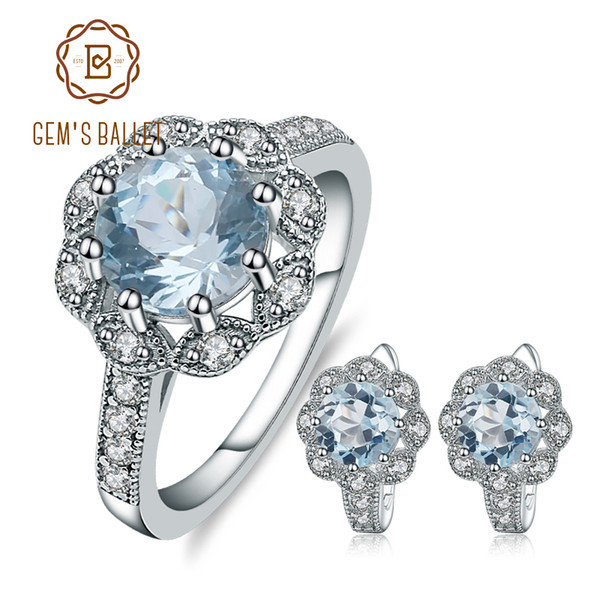 GEM'S BALLET Natural Sky Blue Topaz Snowflake Rings Clip Earrings 925 Sterling Silver Gemstone Fine Jewelry Set For Women Gift