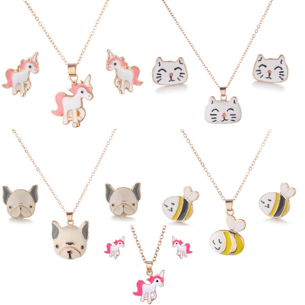 Animal Jewelry Set Chain Kids Jewelry Cartoon Horse Dog Bee Necklace Earrings jewelry Sets For Girls Best Gifts wholesale