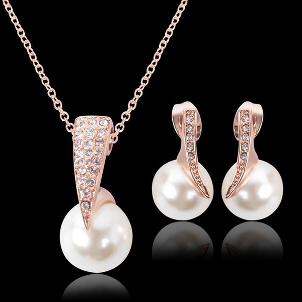 Women Crystal Pearl Pendant Necklace Studs Earring Jewelry Set Rose Gold Plated Chain Necklace Jewelry Wedding Party Jewelry Sets