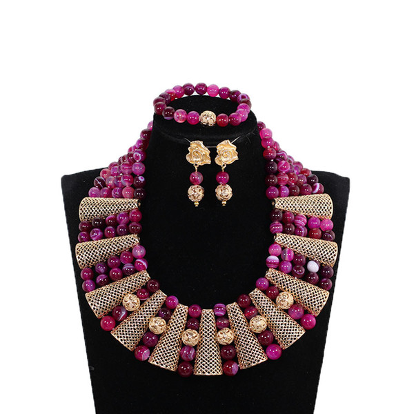 Fashion Ladies Jewelry Wedding Party Rose Pink Stone Beads Jewelry Set Chunky Statement Necklace Gothic Free Shipping ABH778