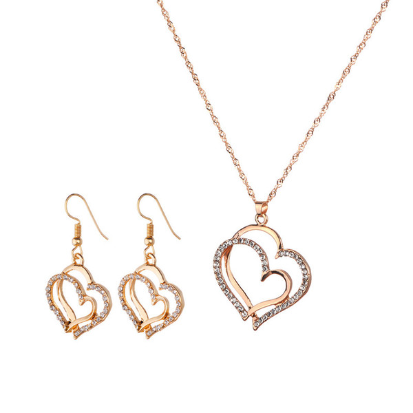 Princess Bride Bridesmaid Romantic Wedding Creative Necklace Earring Set Fashion Luxury Crystal Charm Goldplated Silver Heart Accessories