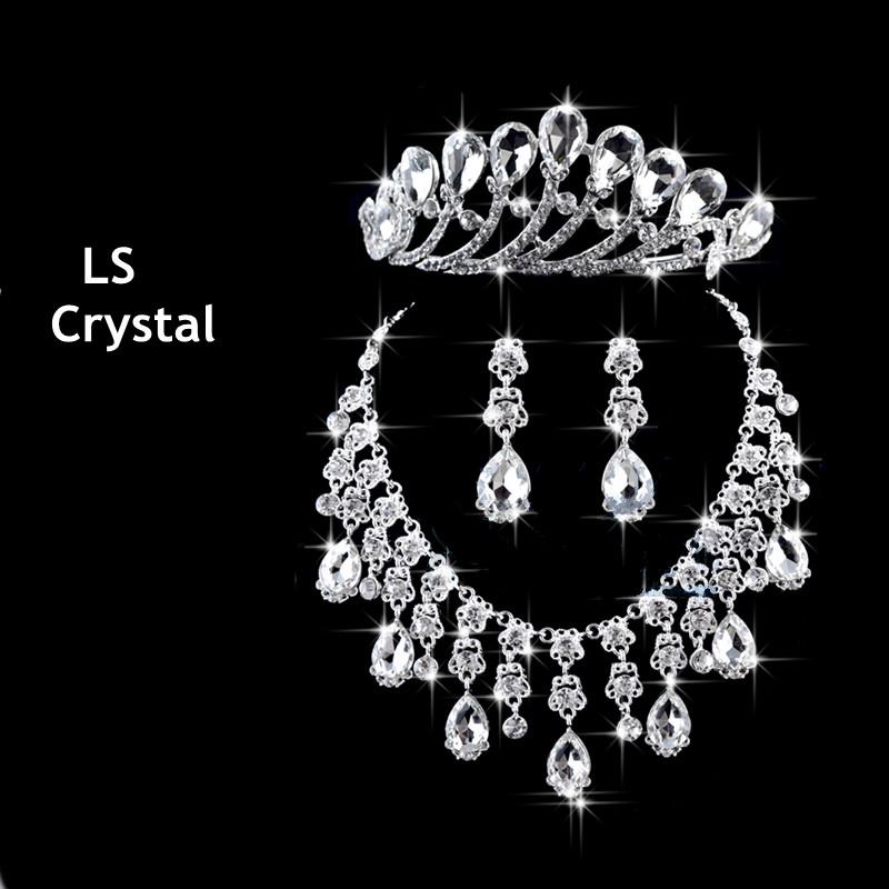 2015 New Arrivals Crystal Crown Necklace Earring Set Bridal Jewelry Wedding Accessories