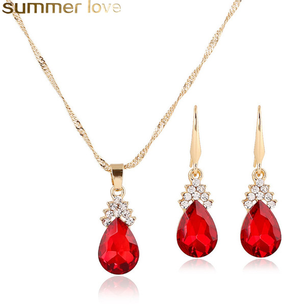 Fashion Colorful Crystal Water Drop Necklace Earring Set Gold Color Chain Necklaces for Girls Women Wedding Jewelry Sets Gift