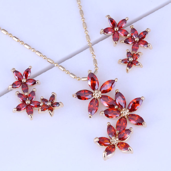Burning Red Garnet Flower Cluster 18K Yellow Plated Necklace/Pendant/Stud Earrings Jewelry Sets for Women Free Gift Bag X0177