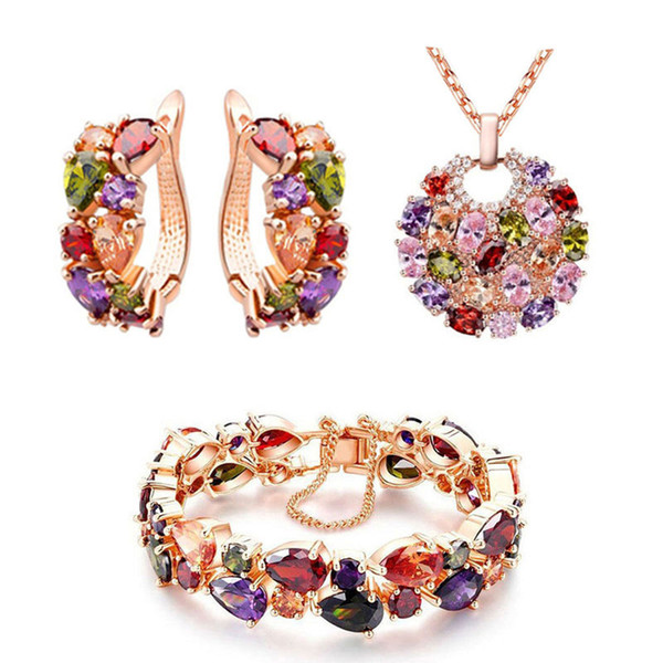 Fashion Multicolour Cubic Zirconia Earrings Necklace Pendant Bracelet Rose Gold Plated Jewelry Sets Women Girl's Gift