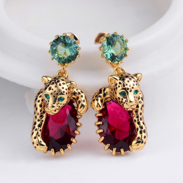 Amybaby 2018 Handmade Enamelled Glaze Panther Leopard Red Sone Womens Necklace Drop Earring Ajustable Ring Jewelry For party