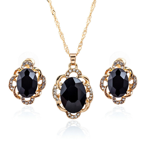 Oval Black Gemstone Earrings Necklace Sets Women Crystal Gold Chain Alloy Necklace Earrings Sets Fashion Jewelry