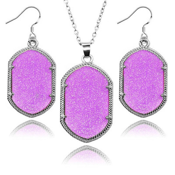 Fashion Silver Plated Earrings Necklace Hexagon Fluorescent Geometry Statement Earrings Dangle Earrings Necklace jewelry set For Women Lady