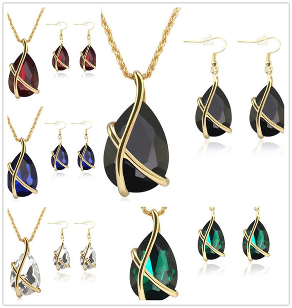 women Diamond Crystal Drop Necklace Earrings Jewelry Sets Gold Cage Ear Cuff Pendant Chains Wedding Jewelry Gift J140