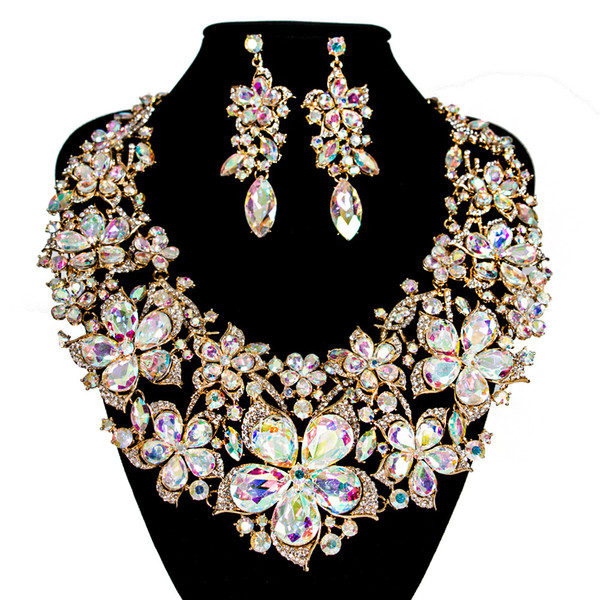 Oversize White Rhinestones Women Necklace Earrings Big Size African Bridal Wedding Jewelry Set for Party Anniversary Birthday Gift