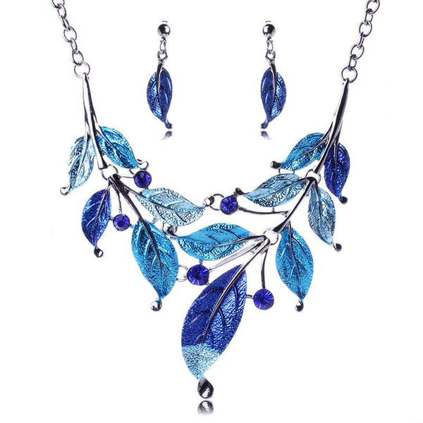 Fashion Leaves Necklace Set Earrings Crystal Jewelry Sets Leaf Enamel Jewelry Set Silver Plated Enamel Necklaces