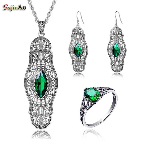 Szjinao Wholesale Emerald arty Jewelry Sets For Women Real 925 Sterling Silver Vintage Ring Earring Pendant