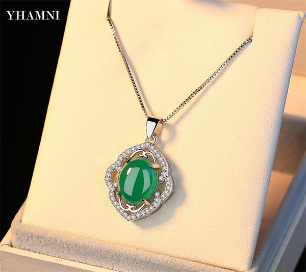 YHAMNI Real Natural Stone Pendant Necklace 100% 925 Sterling Silver Jewelry for Women Romantic Necklace Gift of Valentines D-299