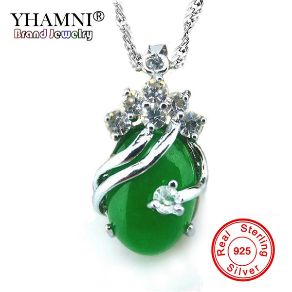 YHAMNI New Real 925 Sterling Silver Pendant Necklace Natural Malay Stone Green Gem Crystal Necklace Jewelry For Women MLY808