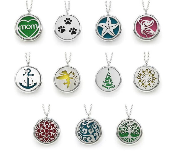 10 Styles Premium Aromatherapy Essential Oil Diffuser Necklace Locket Pendant, Stainless Steel Jewelry 24