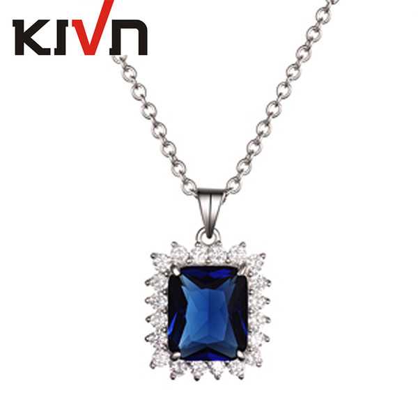 KIVN Fashion Jewelry Royal Blue Square CZ Cubic Zirconia Bridal Wedding Pendant Necklaces for Women Birthday Promotion Gifts