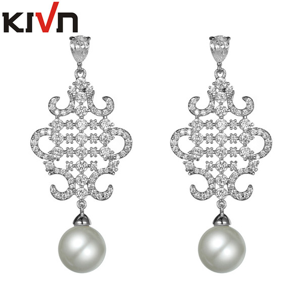 KIVN Fashion Jewelry Luxury Drop Dangle Pave CZ Cubic Zirconia Wedding Bridal Simulated Pearl Earrings for Women