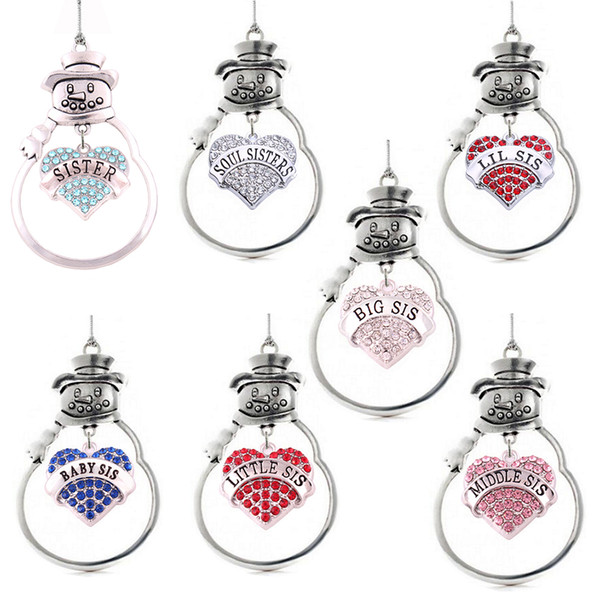 LIL SIS And SOUL SISTERS Engraved Crystal Rhinestone Embellished Heart Charm Dangles Center of Metal Snowman Bulb Ornament.