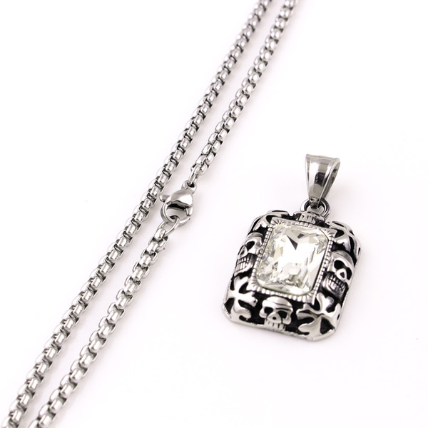 New Fashion Punk Clear White Zircon And Artificial Decorative Pattern Gothic Skull Men Stainless Steel Pendant Necklace
