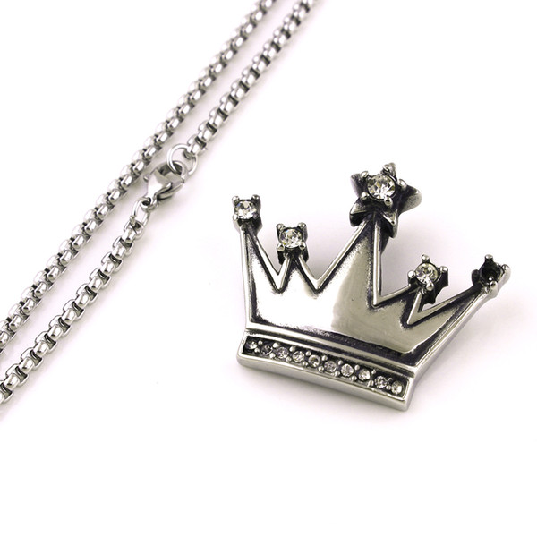 Popular King Crown Pendant Necklace Studded With Clear Crystal Rhinestone Charm Stainless Steel Necklace Jewelry Gift
