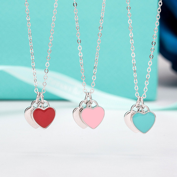 Luxury Brand Jewelry 100% 925 Sterling Silver Blue Red Pink Heart Pendant Chain Necklace Women's Fashion Wedding Jewelry Necklace