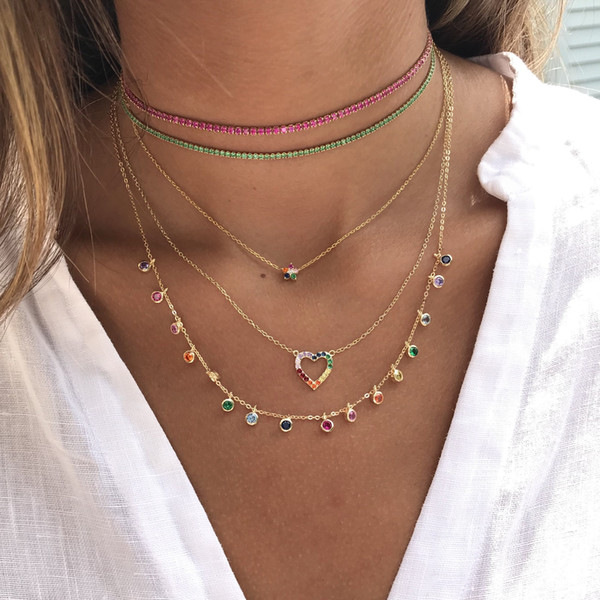 2018 round sparking bling 3 colors cubic zirconia wedding jewelry For Women tennis chain choker Antique gold Plated Fashion necklace
