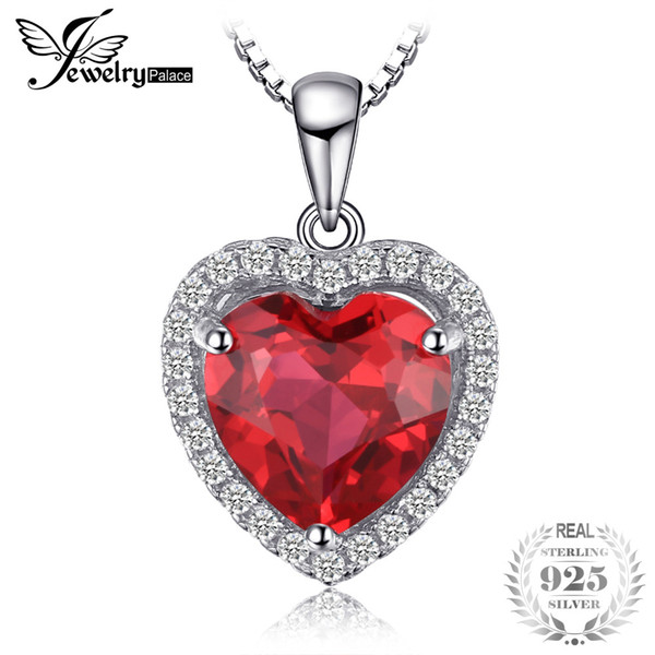 JewelryPalace 3.9ct Created Red Ruby Love Forever Halo Heart Pendant Necklaces For Women Real 925 Sterling Silver 45cm Box Chain
