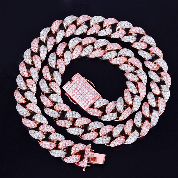 20mm Heavy Silver Rose Colorful Zircon Miami Cuban Necklace Choker Men's Hip hop Jewelry Big CUBAN Chain 16