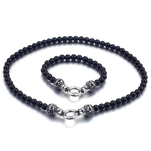 Fashion Male Black Beads Sets Stainless Steel Punk Skull Clasp Beaded Chocker Necklace Bracelet Jewelry Sets For Cool Men