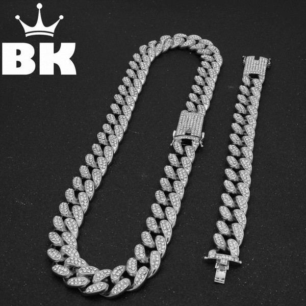 Mens Hip Hop Gold Color Iced Out Crystal Miami Cuban Chain Gold Silver Necklace & Bracelet Set HOT SELLING THE HIP HOP KING C18110201
