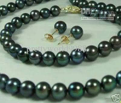 Best Buy Pearl Jewelry set 8-9mm Black Akoya Pearls Necklace bracelet earring 14k