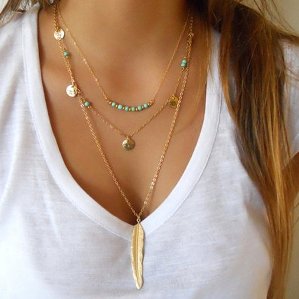 10Pcs/Lot Summer Style Jewelry Fashion Women's Multi Layered Necklace Feather Round Sequins Charm Pendant Turquoise Necklace Gold/Silver