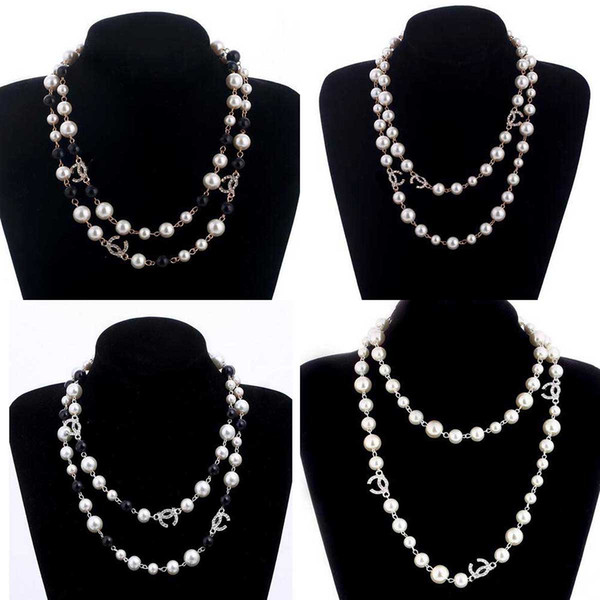 Elegance Women Brand Letters Pendant Necklaes Double Layers Smooth Pearl Sweater Chain Wedding Prom Jewelry Costume Accessory