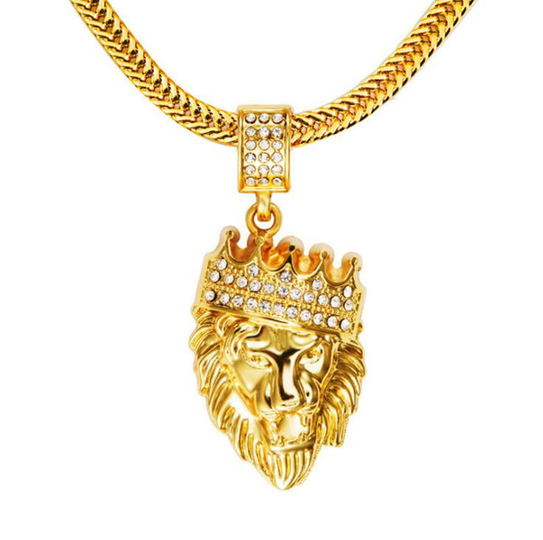 Fashion Lion Head 18k Gold Plated CZ Diamond Crown Necklace Men Necklace Hip Pop Jewelry Free Shipping