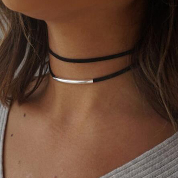 New fashion Bending tube Velvet Choker Necklace Double layer Style Torque Black Short Leather Necklace Charm