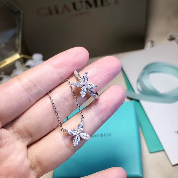 S925 Sterling Silver flower pendant necklace and diamond jewelry for women ring necklace earring wedding gift free shipping PS5155