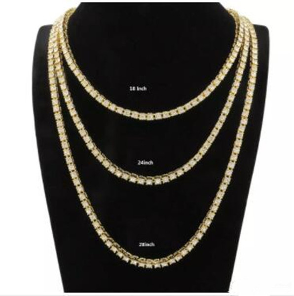 Hip Hop Gold Chain 1 Row 5mm Round Cut Tennis Necklace Chain 18inch -24inch-28inch Mens Punk Iced Out aaa cz chain Necklace