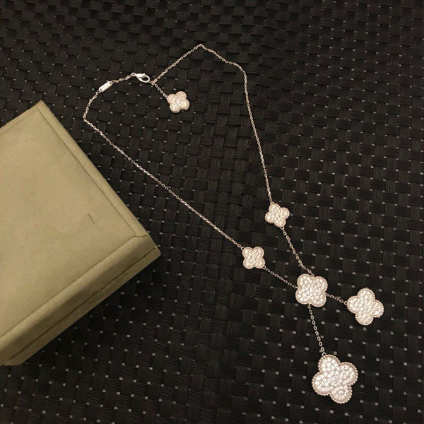 Luxury Alhambra S925 Sterling Silver Full Crystal Five PCS Four Leaf Clover Pendant Charm Necklace For Women Jewelry