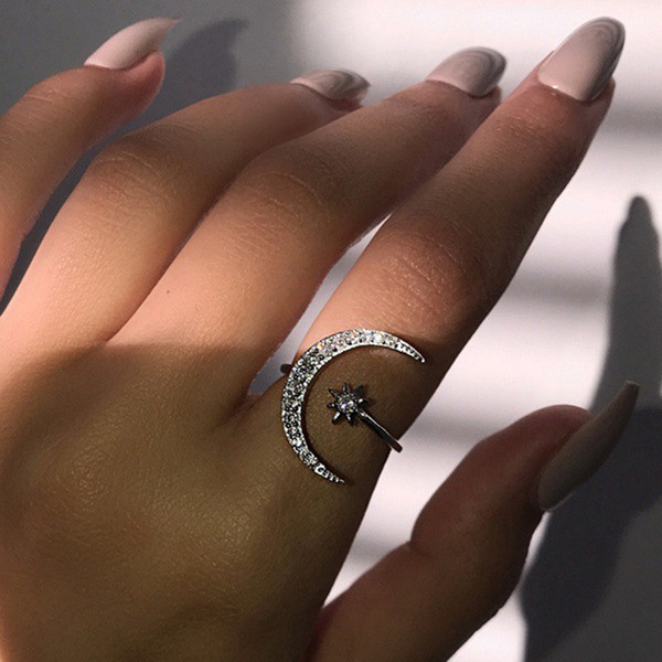 Luxurious Natural Gemstones Moon and Star Adjustable Ring White Glod Filled 925 Sterling Silver Romantic Diamond Ring Jewelry
