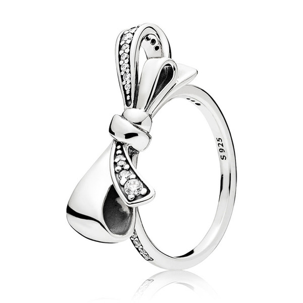 2018 New Silver Charms Diy Big Bow Crystal Round Rings Fit Women Ring Jewelry R183