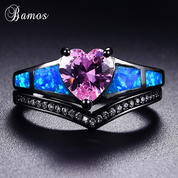 Bamos Retro Blue Opal Ring Set Pink Heart Cubic Zirconia Rings Black Gold Filled Wave Ring For Women Promise Wedding Jewelry