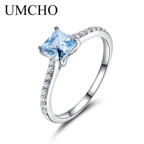 UMCHO 5*5mm Sky Blue Topaz Ring Engagement Wedding Ring 925 Sterling Silver Rings For Women Anniversary Vintage Gift Jewelry