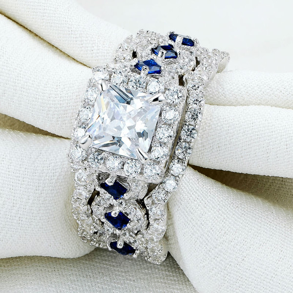 2.2 Ct 3 Pcs Solid 925 Sterling Silver Halo Wedding Ring Sets Princess Cut CZ Blue Side Stone Classic Jewelry For Women