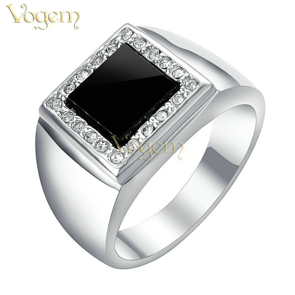 VOGEM Mens Signet Rings Silver Plating CZ Zirconia Seal Ring With Black Stone Square Punk Jewelry Boyfriend Christmas Gifts