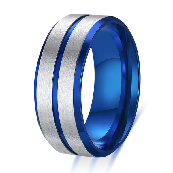 8mm Fashion Silver and Blue Color Mens Ring Stainless Steel Male Wedding Band Jewelry Anel Masculino Bague Homme