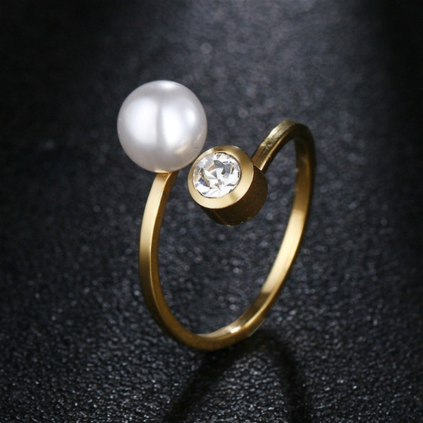 Korean Fashion Women Gold Plated Stainless Steel Pearl Diamond Crystal Open Adjustable Ring