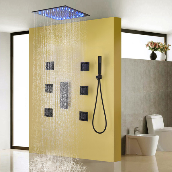 Bathroom Shower Faucet Set Blacken Shower Panel Rain Ceiling Water Temperature LED Shower Head Bath & Valve Mixer Holder