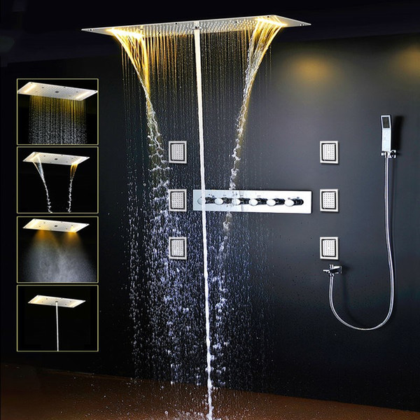 Luxury led rain shower Thermostatic Faucets SUS304 With Embedded Ceiling LED Shower Head 380x700mm Rainfall Mist Spout 4'' Body Jet